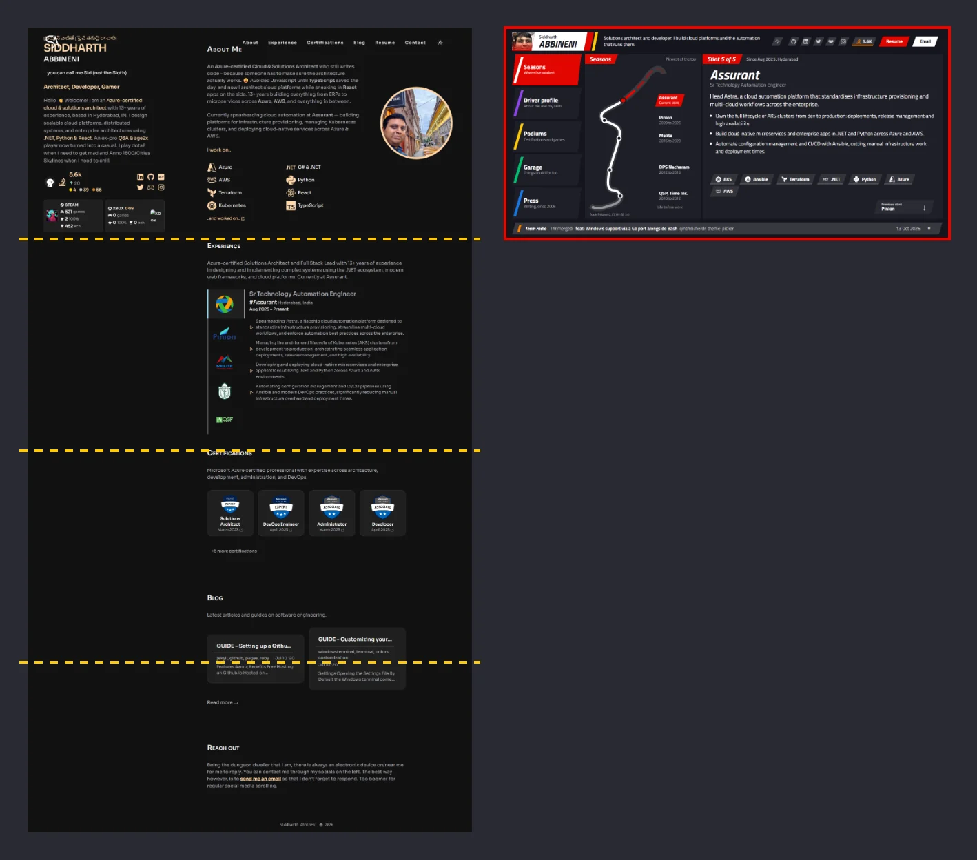 The whole old page beside the whole new site, at the same scale. Each yellow line marks one screen at 1536×730.