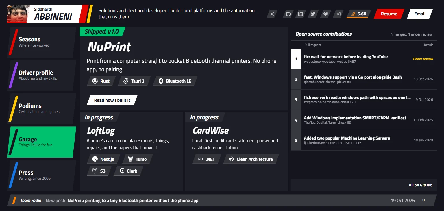 Garage in dark mode: project cards and the pull request timing tower